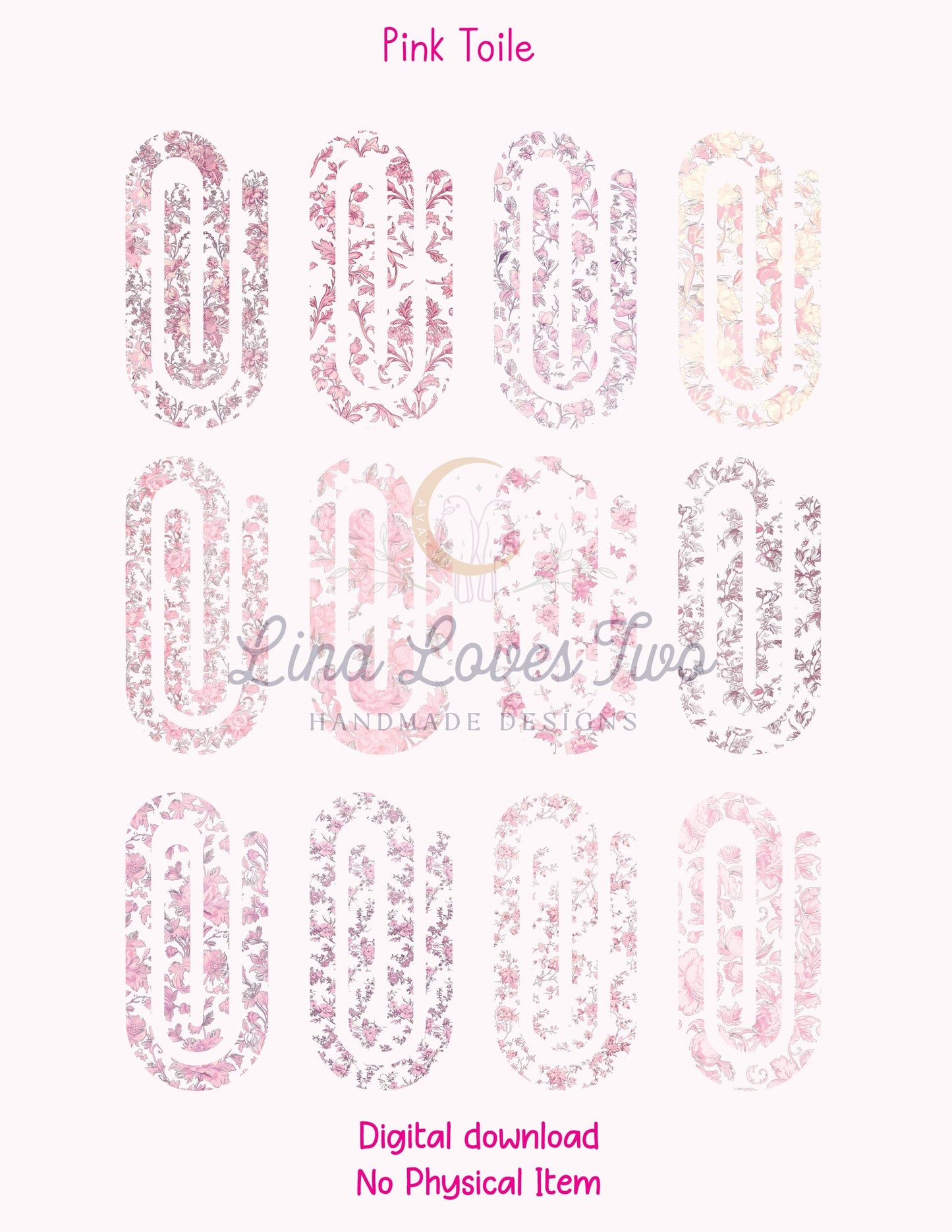 Pink Toile Theme Jumbo Paperclip PNG for Sublimation – Instant Digital Download