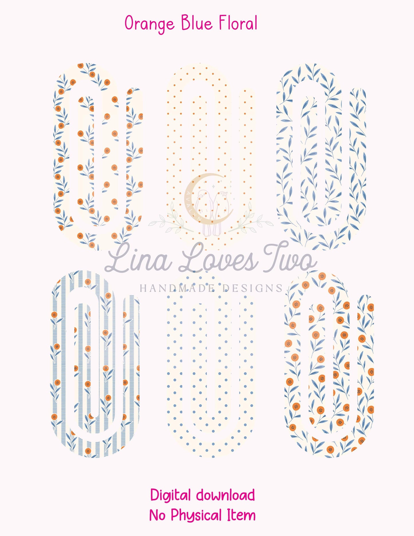 Orange & Blue Floral Theme Jumbo Paperclip PNG for Sublimation – Instant Digital Download
