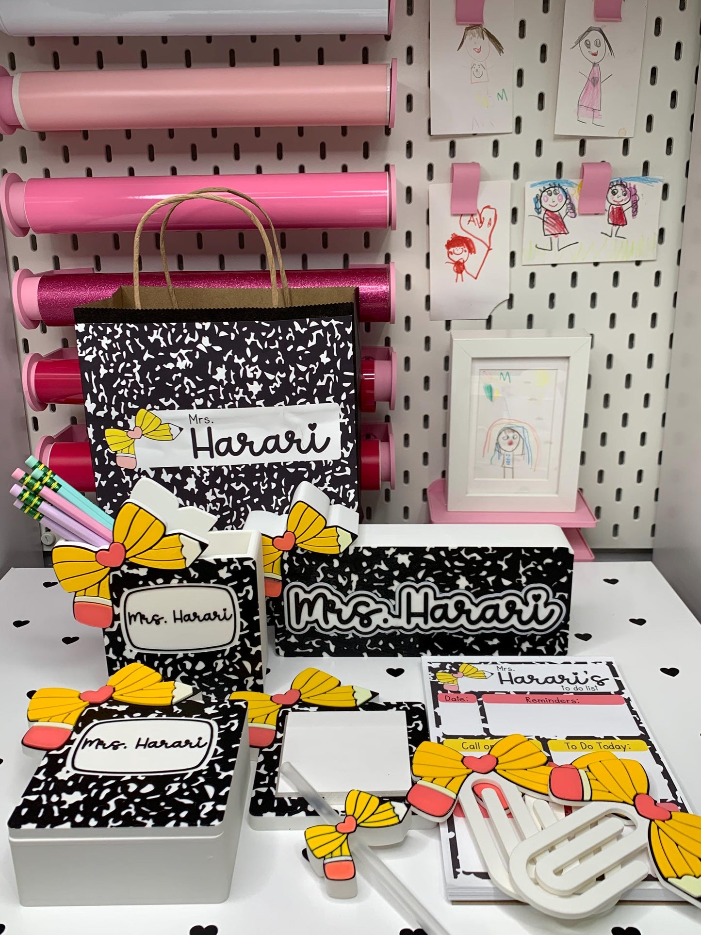 Pencil Bow Composition Book Personalized 3D Desk Accessories BUNDLE | Name Plate | Pen Holder | Note Holder | x3 Paperclips and Straw Topper