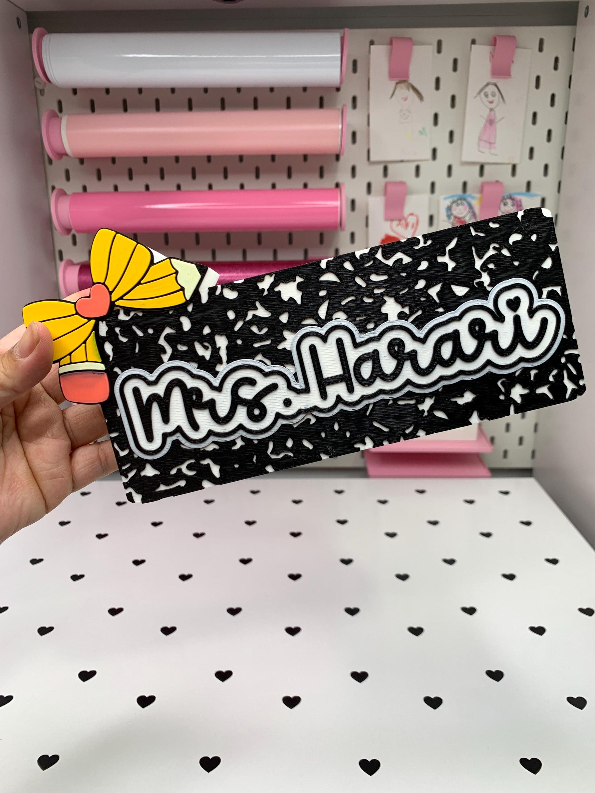 Pencil Bow Composition Book Personalized 3D Desk Accessories BUNDLE | Name Plate | Pen Holder | Note Holder | x3 Paperclips and Straw Topper