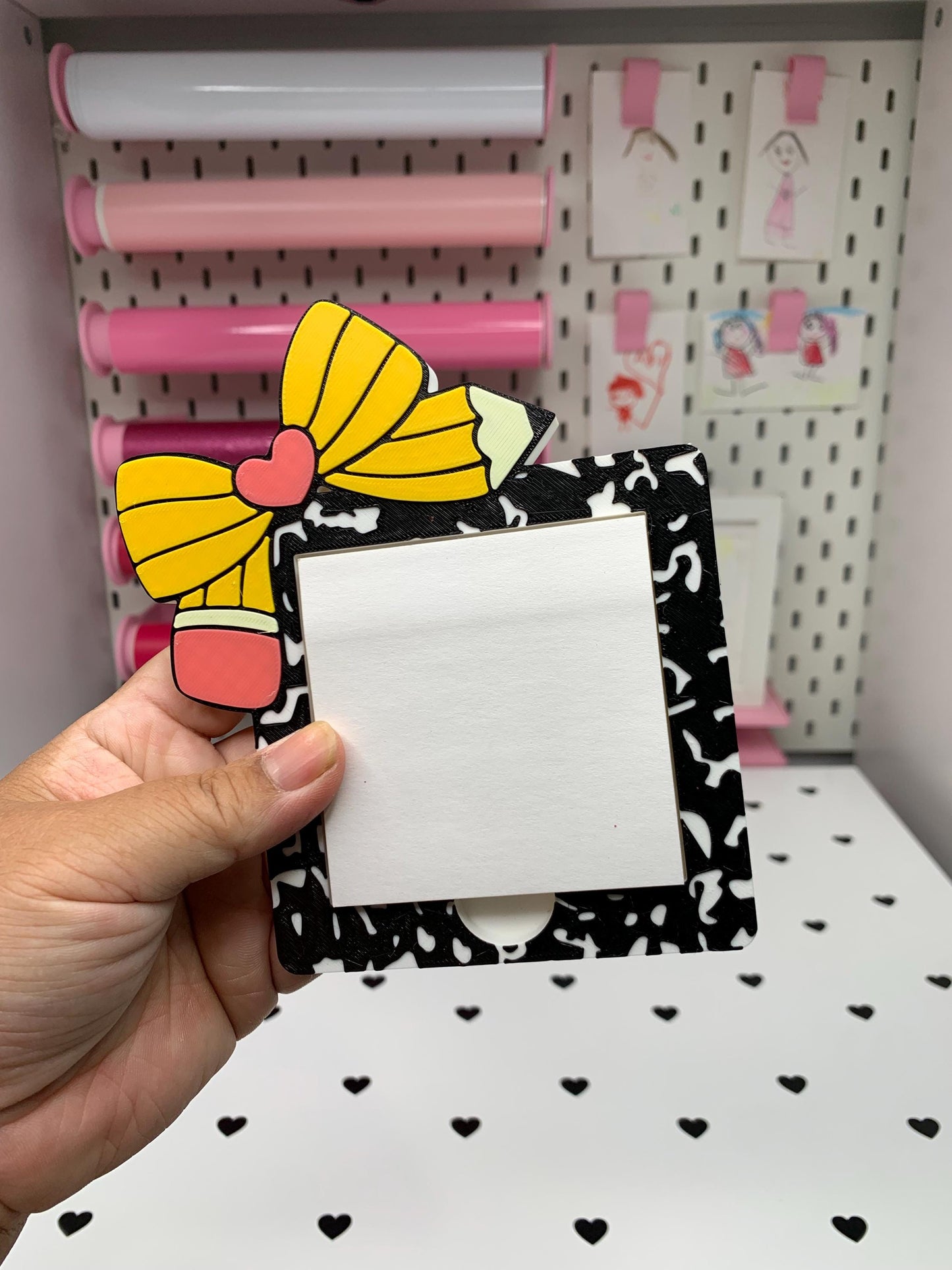 3D Pencil Bow Composition Notebook Sticky Note Holder File | Desk Accessories | Sticky Note Holder | Files | 3D Printing by Lina Loves Two, handmade in Los Angeles CA