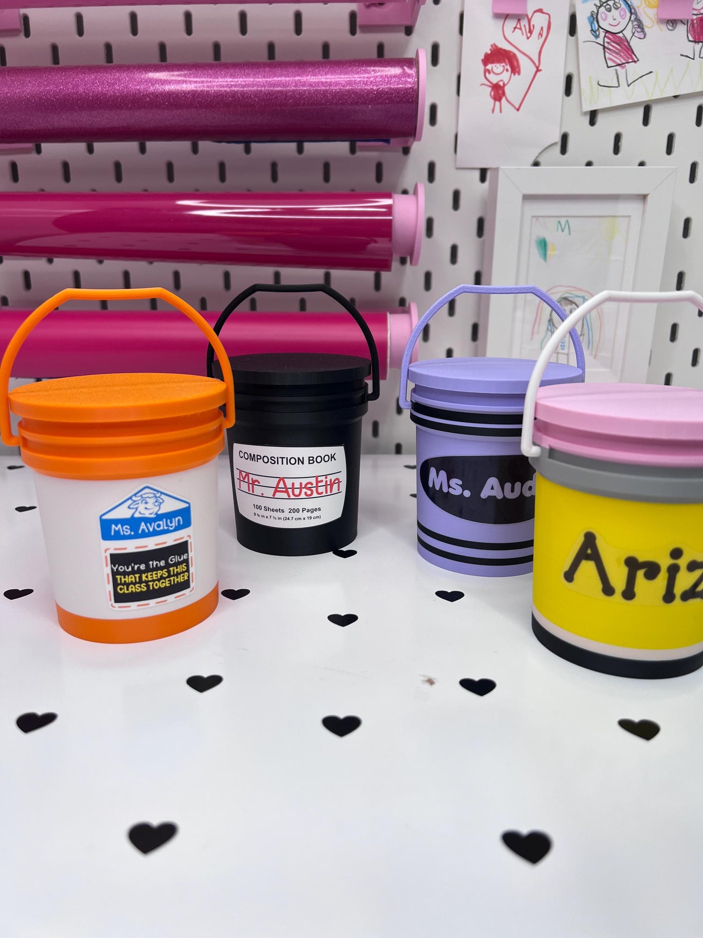 School Supplies Mini Buckets 3MF Files | Pencil | Crayon | Glue and Composition Buckets with Lids | Digital Download | Labels Included