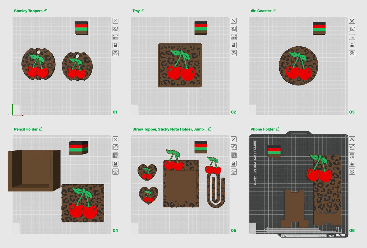 Cherry Leopard Accessories Bundle – STL and 3MF Files | 3D Print Desk Decor | Digital Download | Instant Access