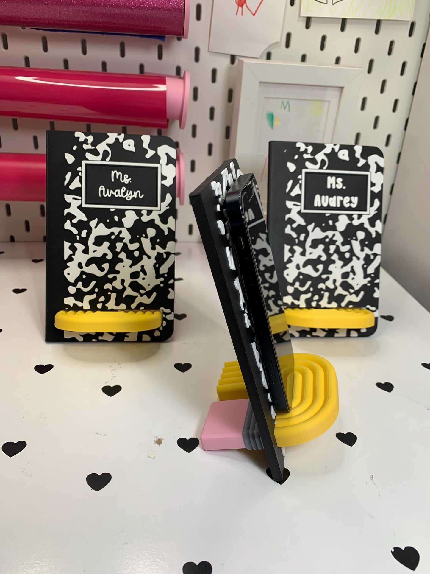Personalized Composition Notebook & Pencil Phone Stand | Custom Desk Phone Holder | Teacher Gift | 3D Printed Cell Phone Dock