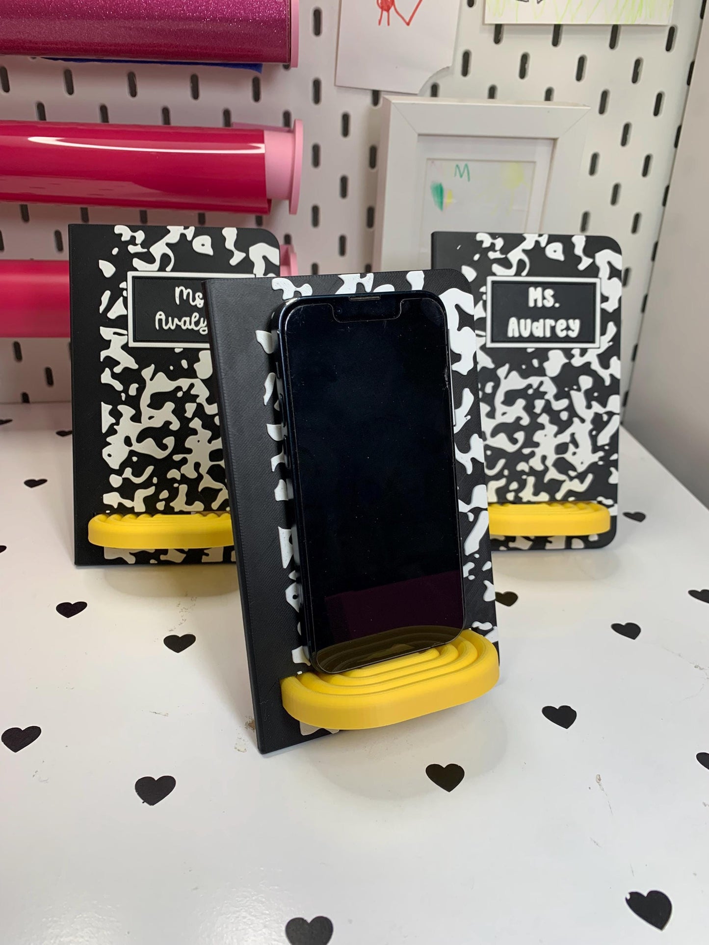 Personalized Composition Notebook & Pencil Phone Stand | Custom Desk Phone Holder | Teacher Gift | 3D Printed Cell Phone Dock