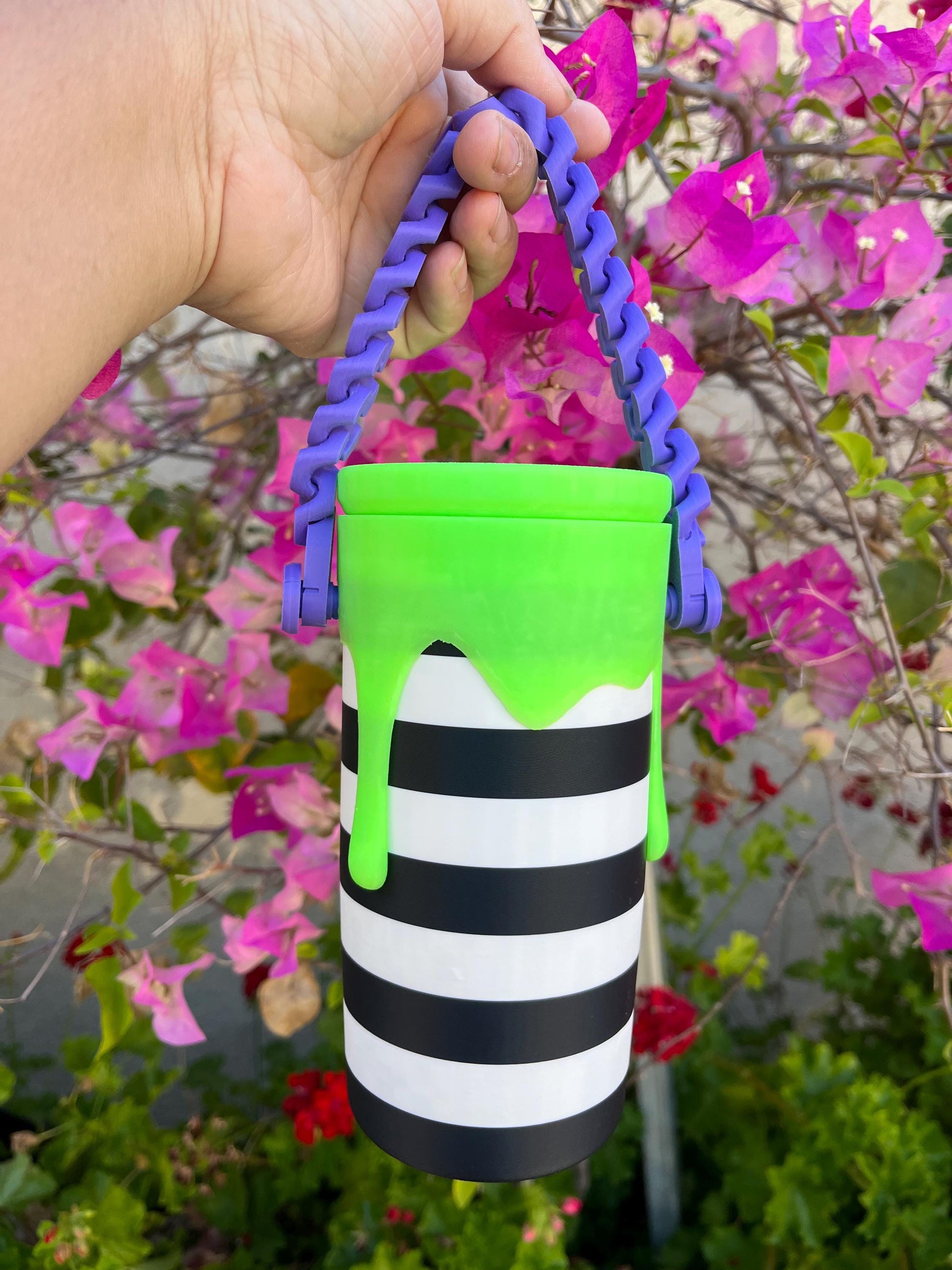 Haunted Stripe Drip Can Holder | Glow-in-the-Dark Green Drip | Purple Chain or Round Handle | Choose from Standard or Slim 12 oz Cans