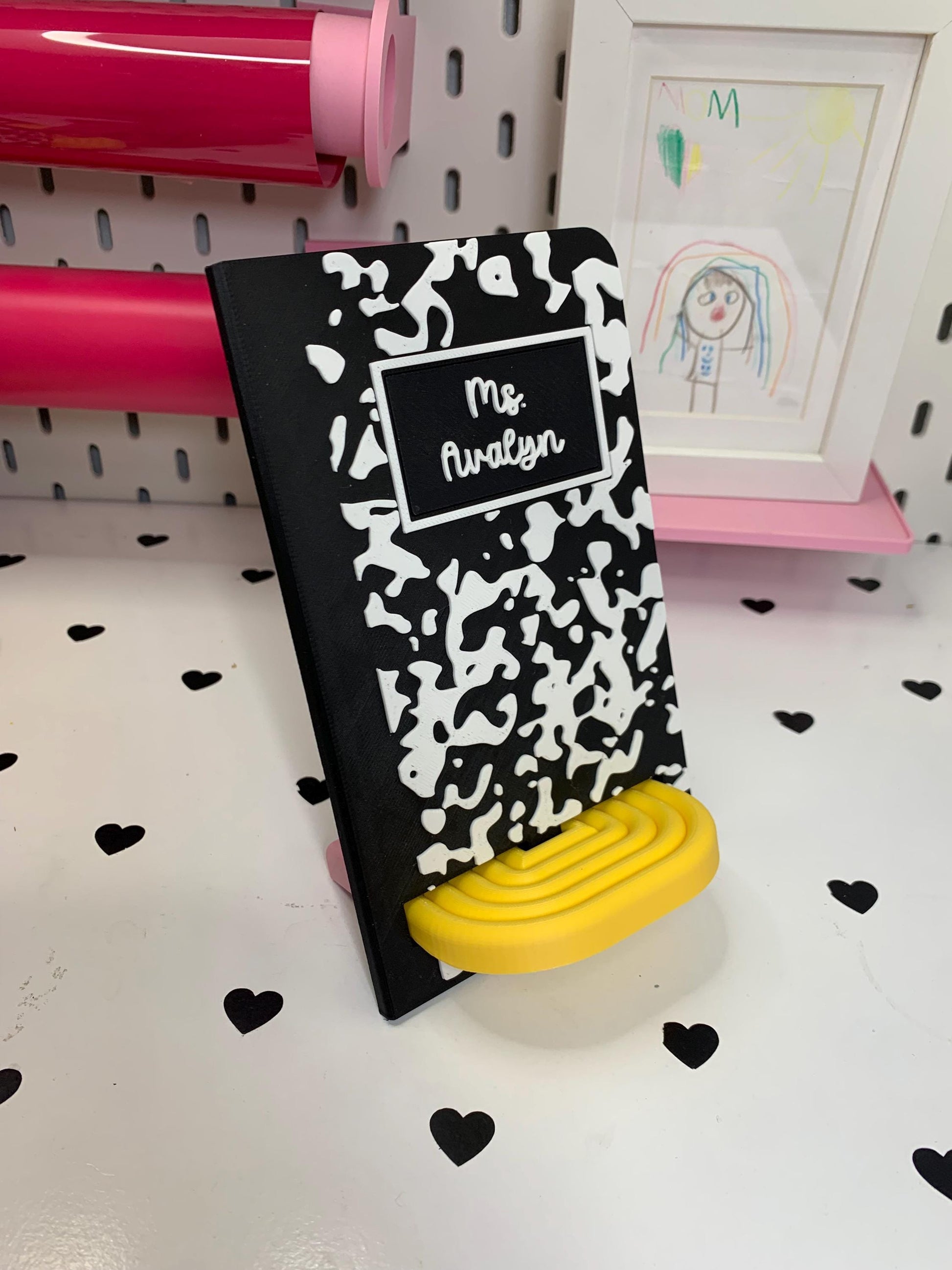 Personalized Composition Notebook & Pencil Phone Stand | Custom Desk Phone Holder | Teacher Gift | 3D Printed Cell Phone Dock
