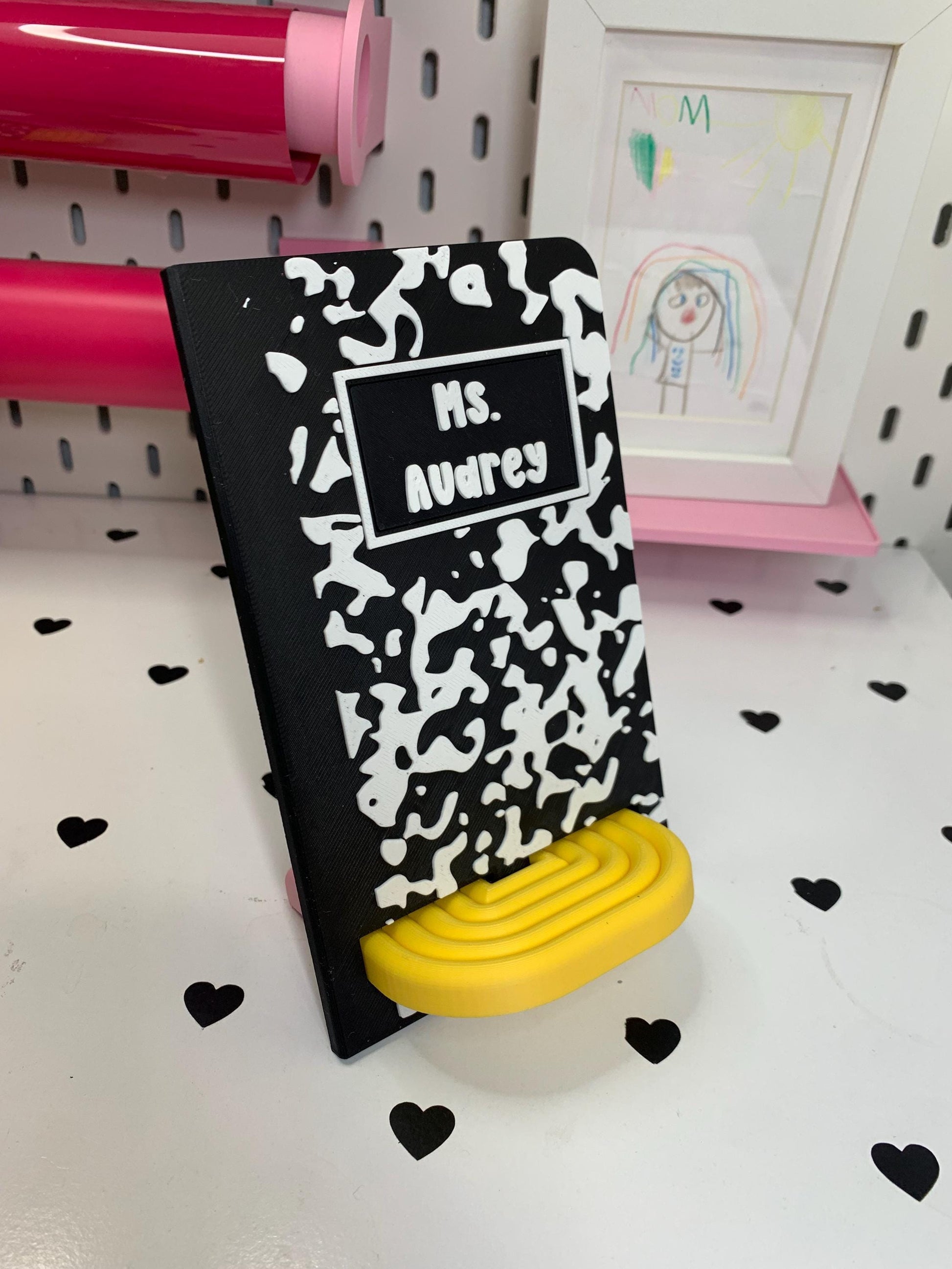 Personalized Composition Notebook & Pencil Phone Stand | Custom Desk Phone Holder | Teacher Gift | 3D Printed Cell Phone Dock