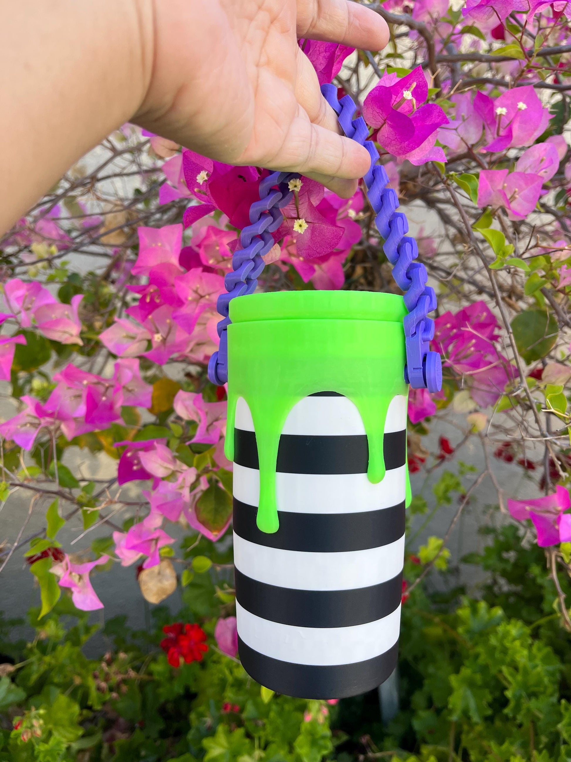 Haunted Stripe Drip Can Holder | Glow-in-the-Dark Green Drip | Purple Chain or Round Handle | Choose from Standard or Slim 12 oz Cans