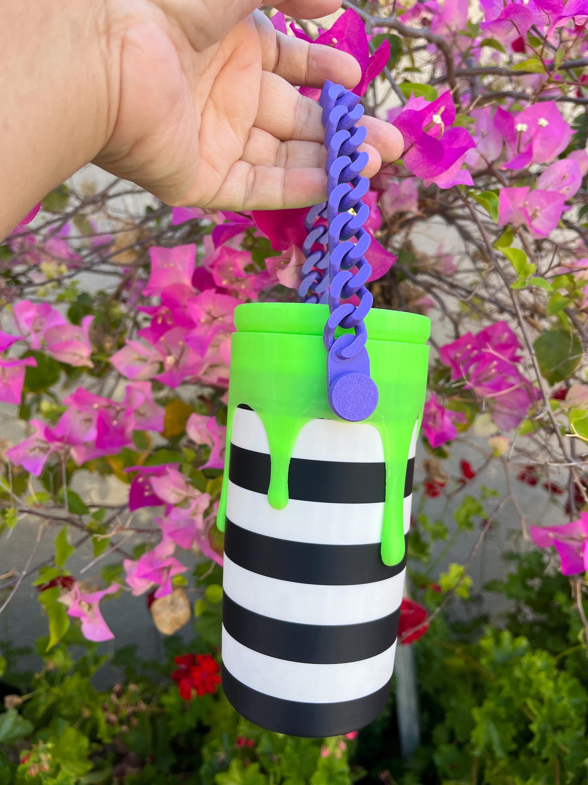 Haunted Stripe Drip Can Holder | Glow-in-the-Dark Green Drip | Purple Chain or Round Handle | Choose from Standard or Slim 12 oz Cans