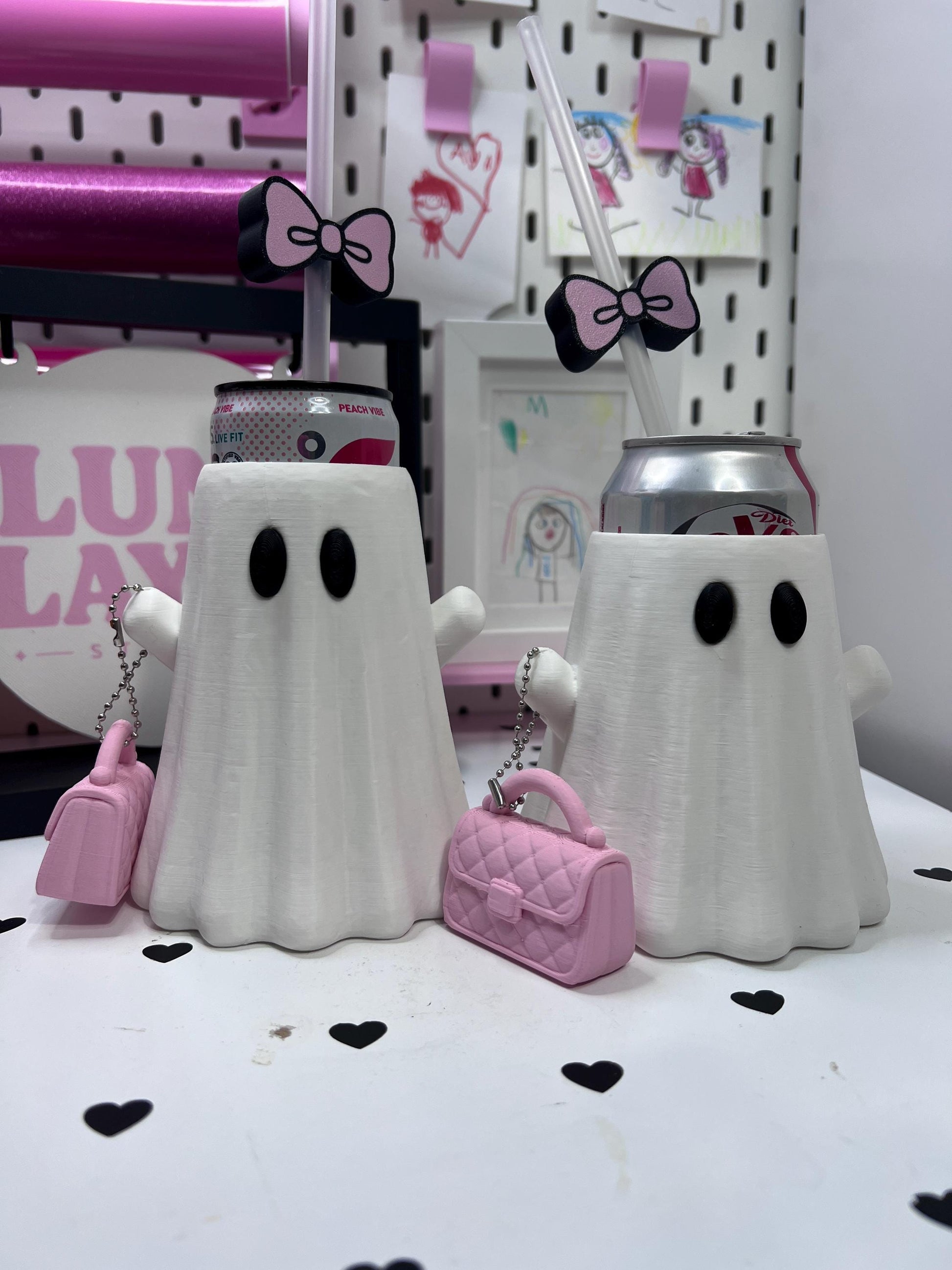 Ghost Can Holder Set – 12 oz Regular or Slim Can + Purse Can Opener + Bow Straw Topper | Halloween 3D Printed Gift