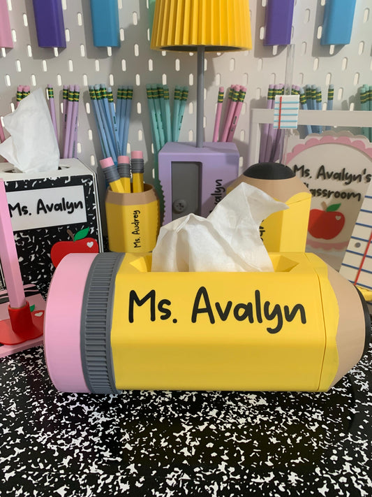 Personalized Pencil Tissue Holder, 3D Printed Teacher Desk Decor, Classroom Tissue Holder, School Office Accessory, Teacher Gift