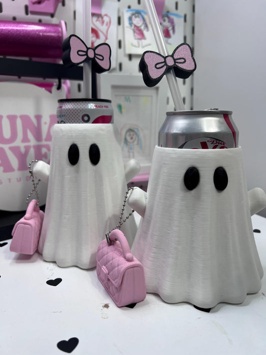 Ghost Can Holder Set – 12 oz Regular or Slim Can + Purse Can Opener + Bow Straw Topper | Halloween 3D Printed Gift