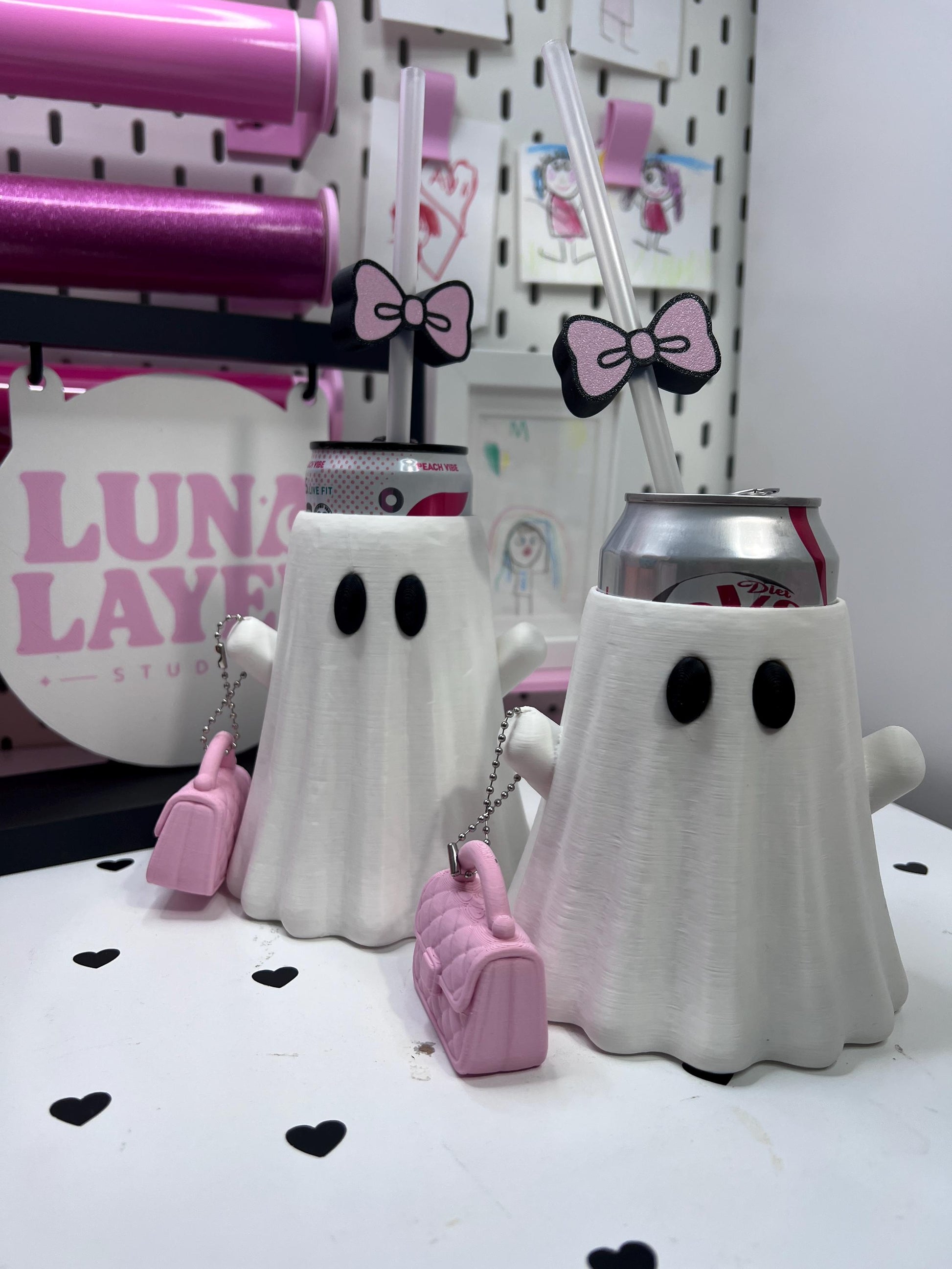 Ghost Can Holder Set – 12 oz Regular or Slim Can + Purse Can Opener + Bow Straw Topper | Halloween 3D Printed Gift