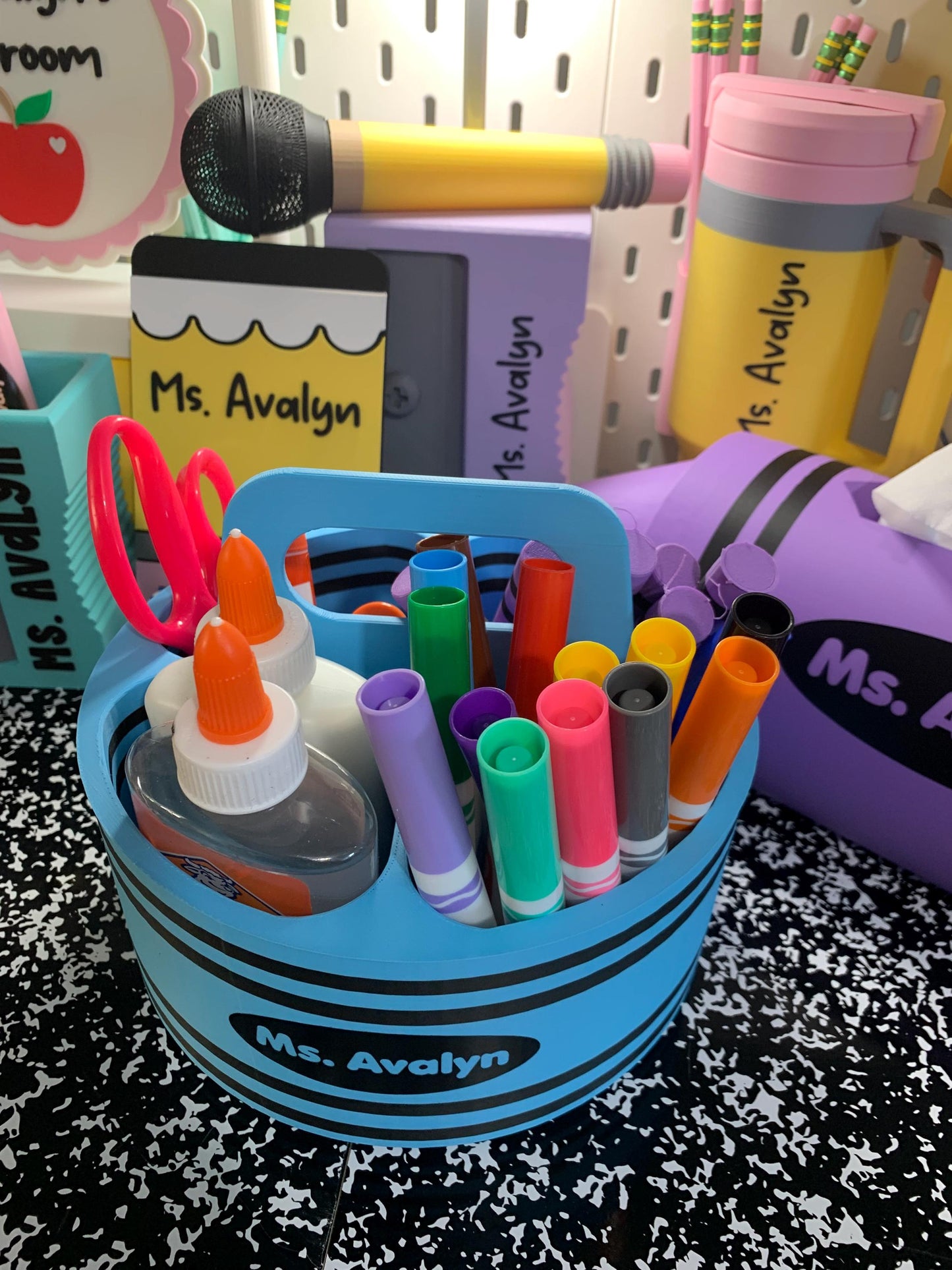 Crayon Inspired Caddy with Handle | Personalized 3D Printed Organizer | Custom Name Teacher Storage Caddy