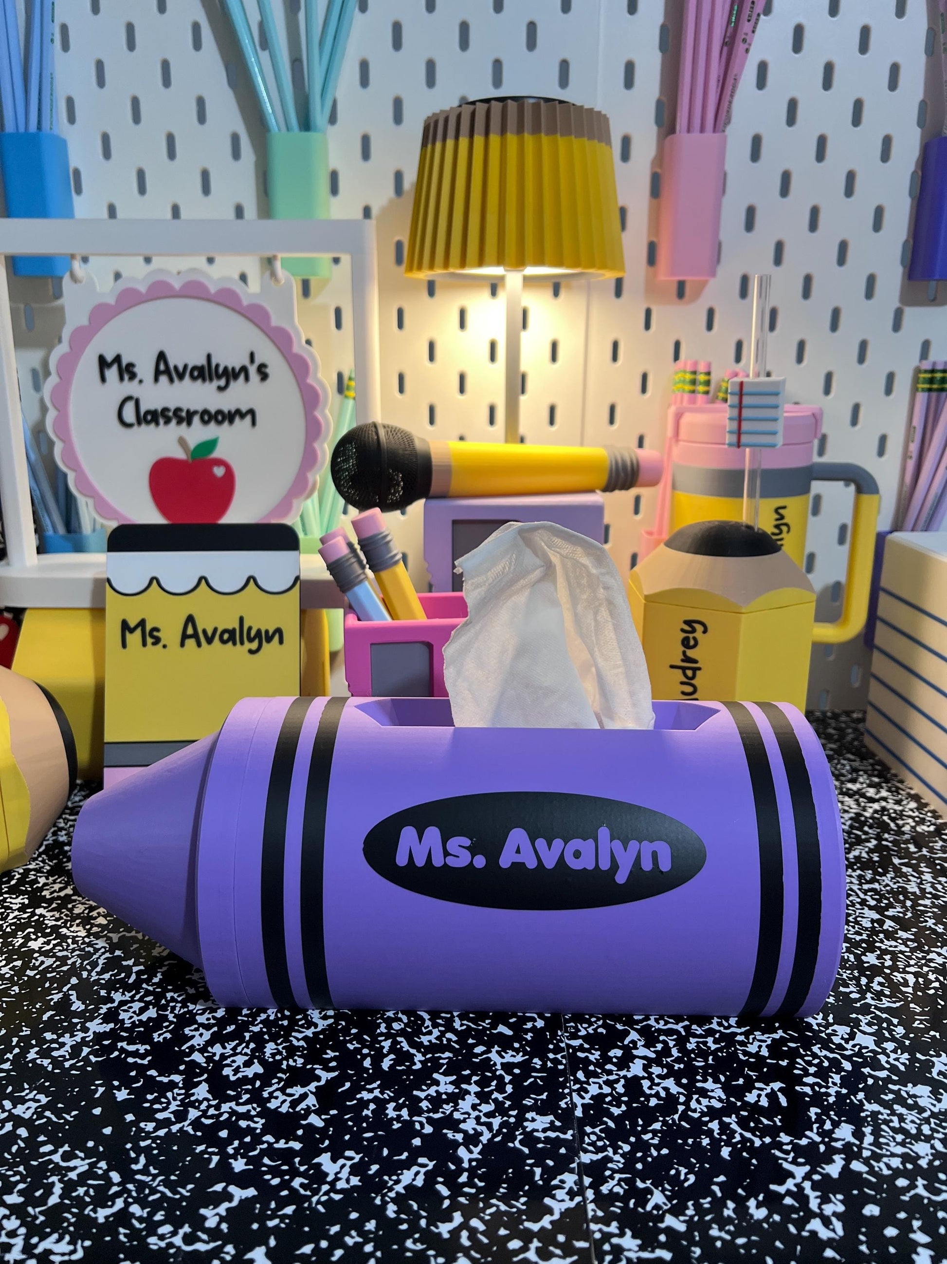 Personalized Crayon Tissue Holder, 3D Printed Teacher Desk Decor, Classroom Tissue Holder, School Office Accessory, Teacher Gift