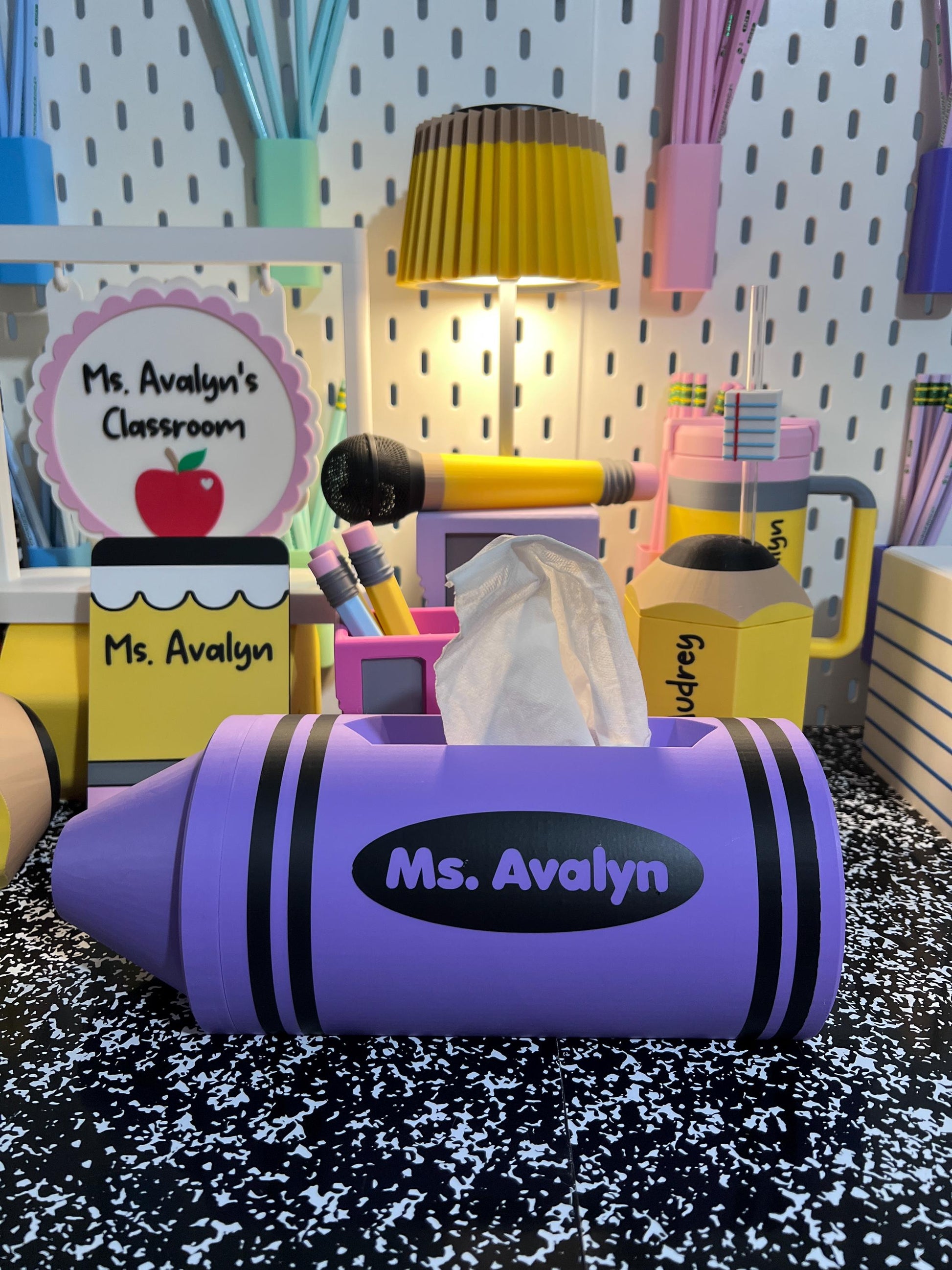 Personalized Crayon Tissue Holder, 3D Printed Teacher Desk Decor, Classroom Tissue Holder, School Office Accessory, Teacher Gift