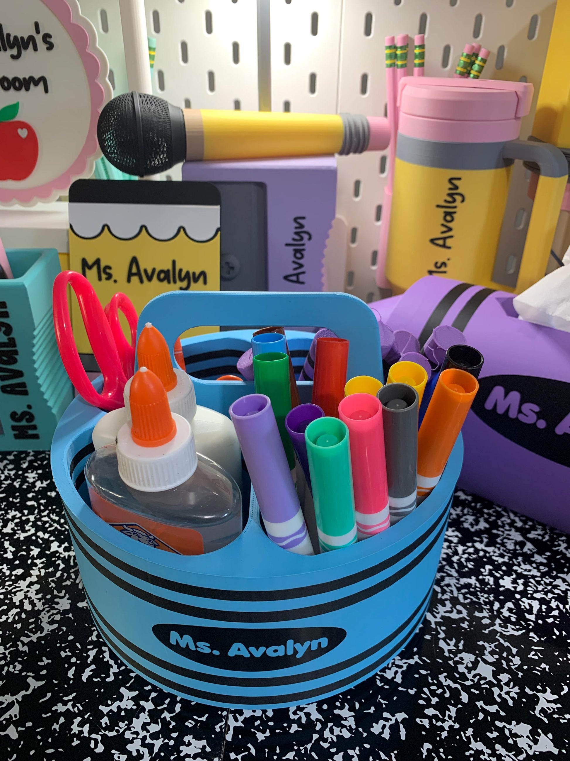 Crayon Inspired Caddy with Handle | Personalized 3D Printed Organizer | Custom Name Teacher Storage Caddy