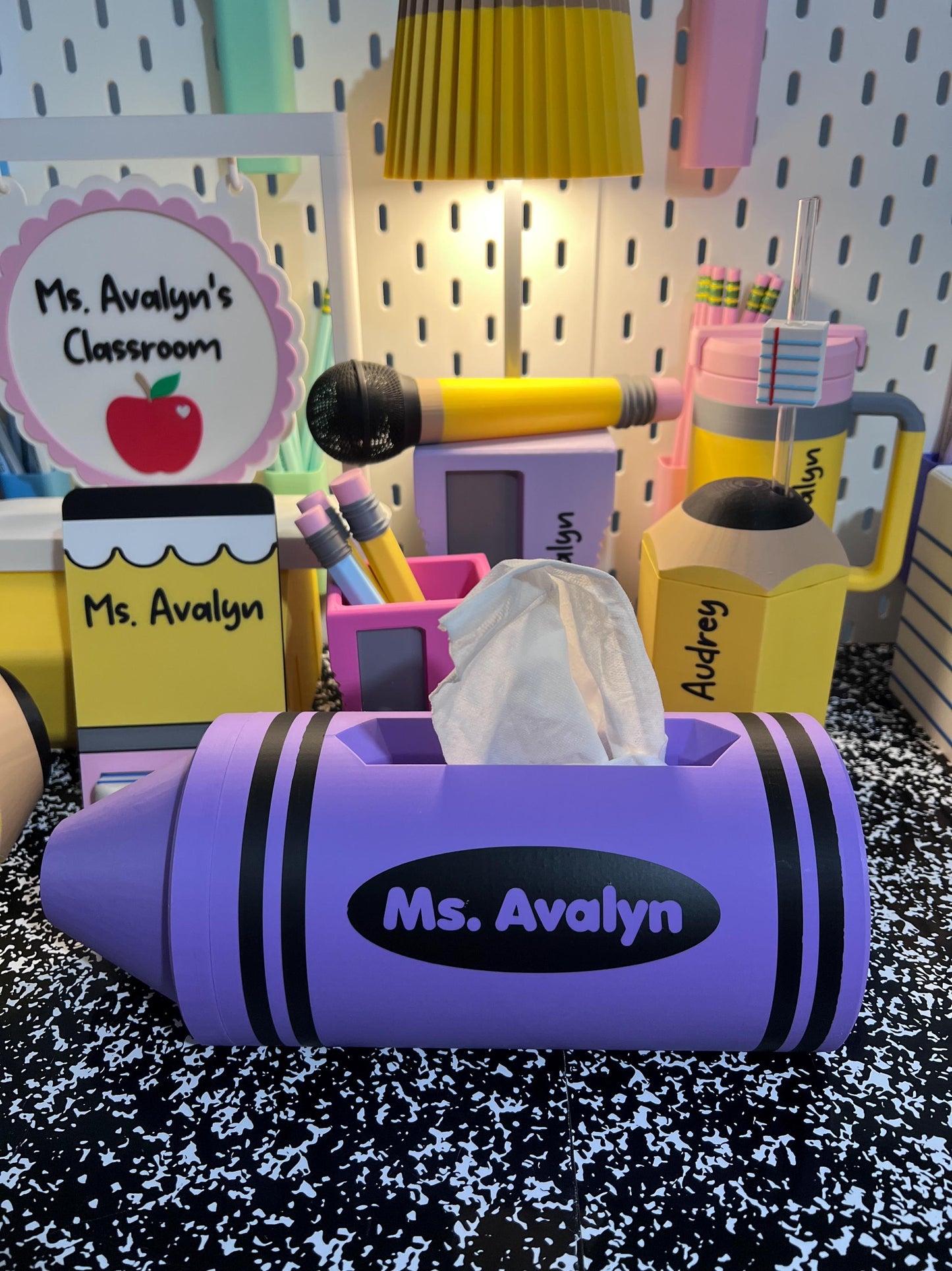 Personalized Crayon Tissue Holder, 3D Printed Teacher Desk Decor, Classroom Tissue Holder, School Office Accessory, Teacher Gift