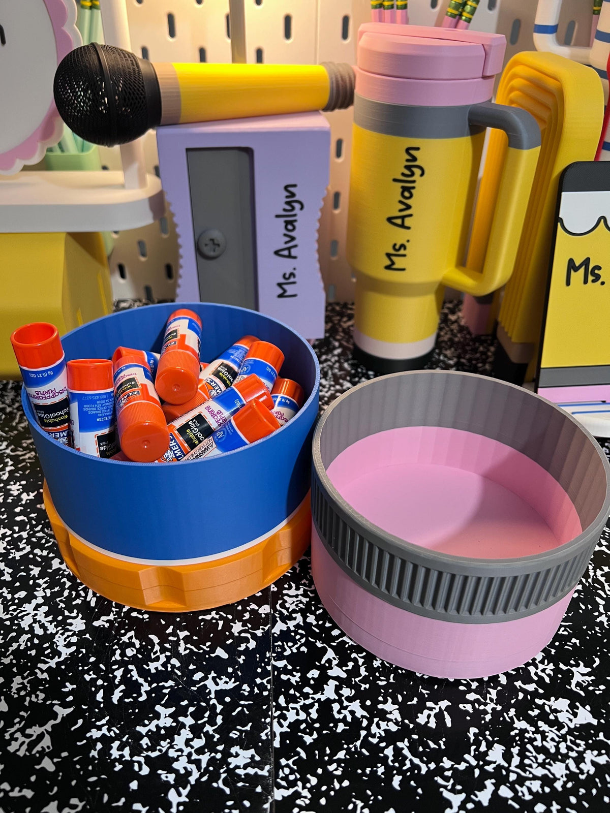 Set of 2 Glue Stick & Pencil Eraser Inspired Small Storage Container – Personalized Classroom Organizer