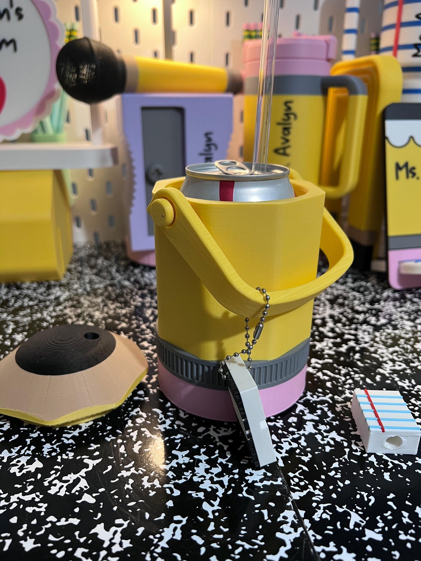 Pencil Can Holder with Handle, 12 oz Can Cooler, Slim Can Holder, Teacher Gift, School Supply Keychain Can Opener, Straw Topper Set
