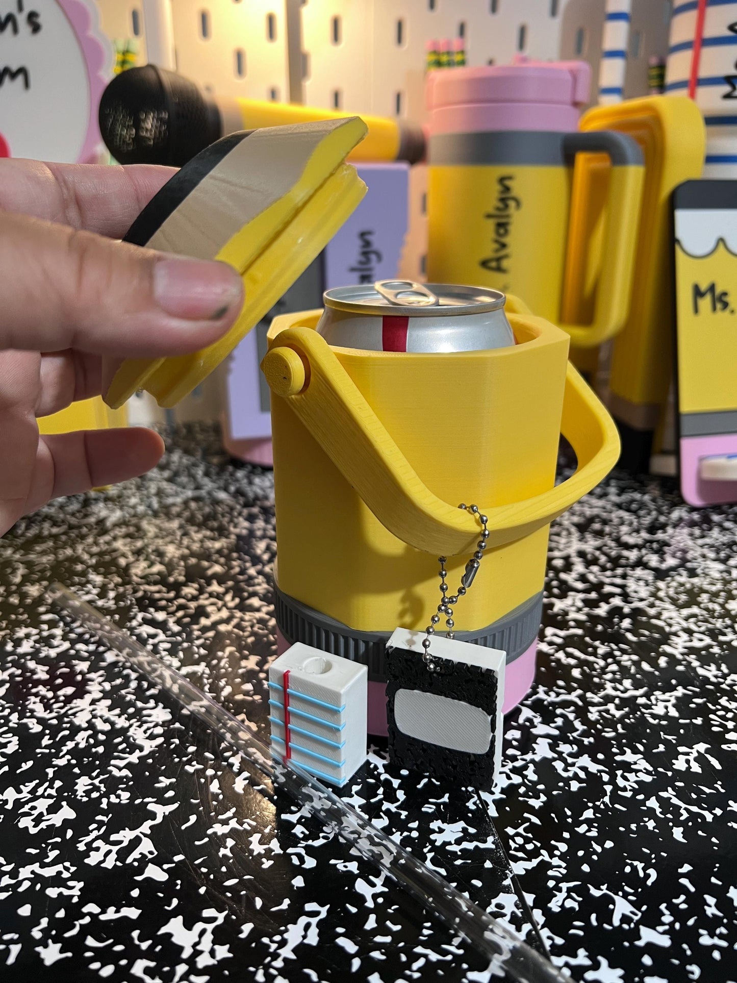 Pencil Can Holder with Handle, 12 oz Can Cooler, Slim Can Holder, Teacher Gift, School Supply Keychain Can Opener, Straw Topper Set