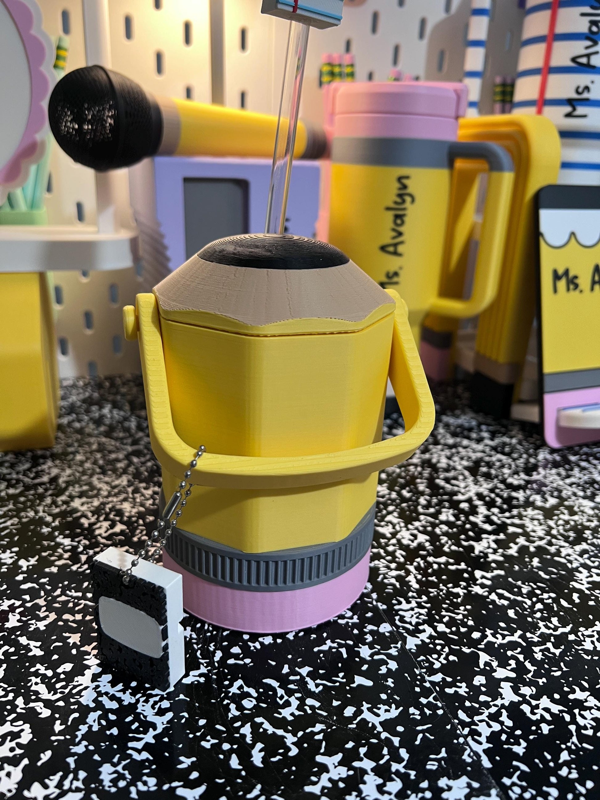 Pencil Can Holder with Handle, 12 oz Can Cooler, Slim Can Holder, Teacher Gift, School Supply Keychain Can Opener, Straw Topper Set