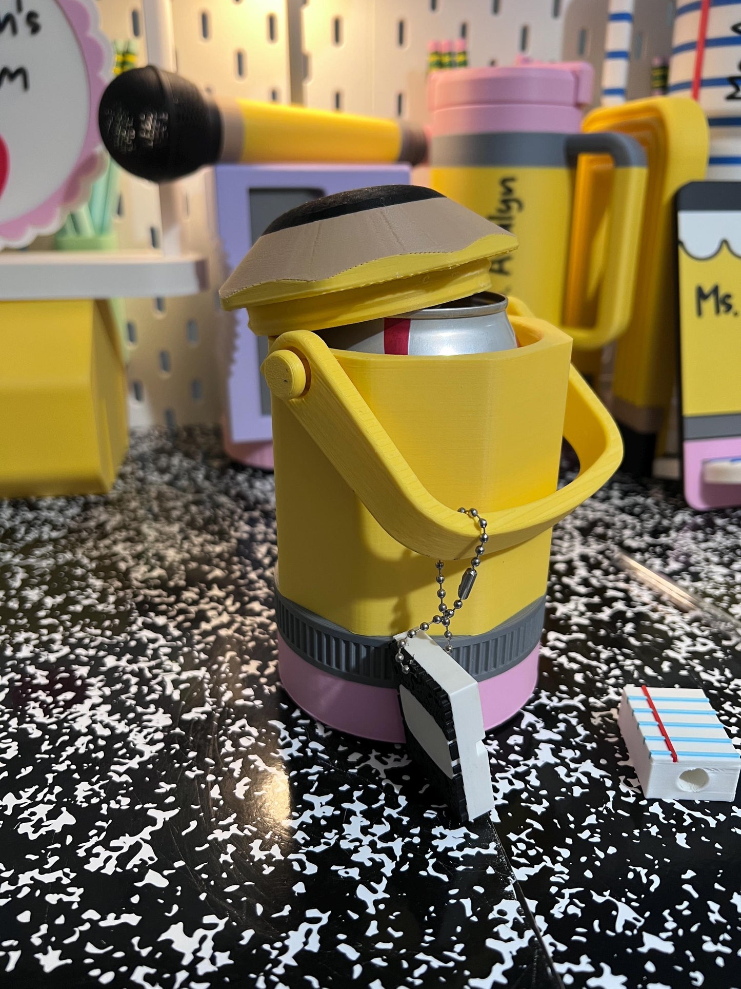 Pencil Can Holder with Handle, 12 oz Can Cooler, Slim Can Holder, Teacher Gift, School Supply Keychain Can Opener, Straw Topper Set