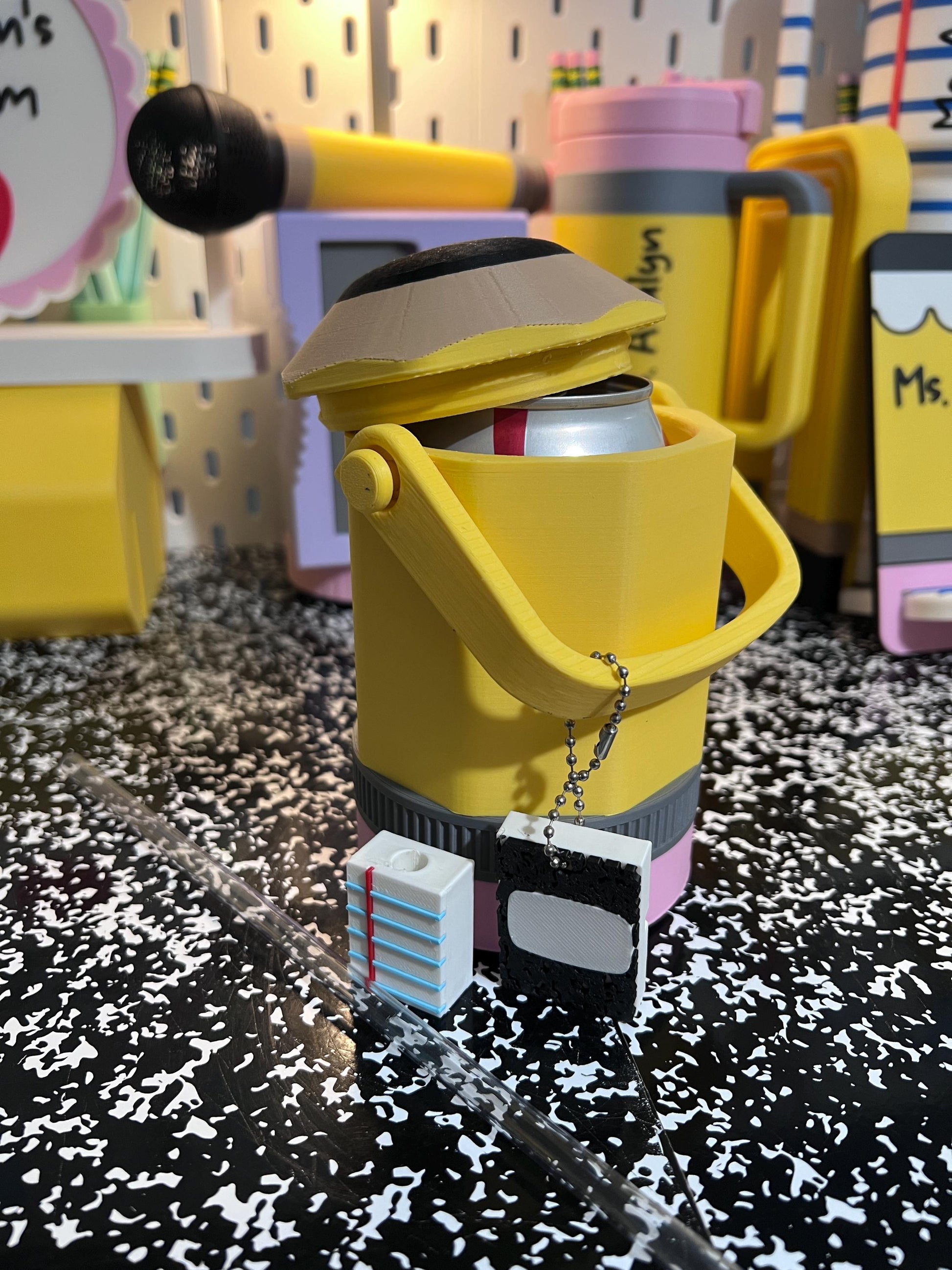 Pencil Can Holder with Handle, 12 oz Can Cooler, Slim Can Holder, Teacher Gift, School Supply Keychain Can Opener, Straw Topper Set