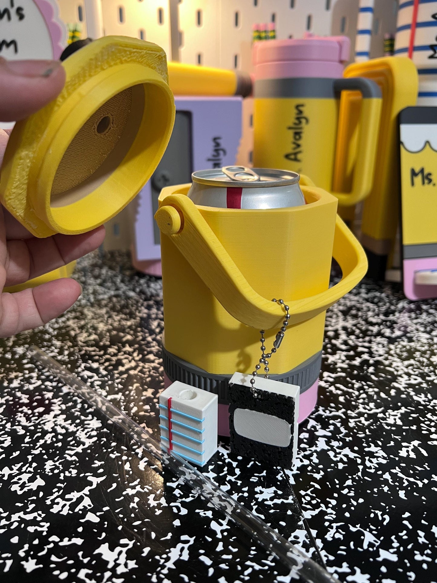 Pencil Can Holder with Handle, 12 oz Can Cooler, Slim Can Holder, Teacher Gift, School Supply Keychain Can Opener, Straw Topper Set