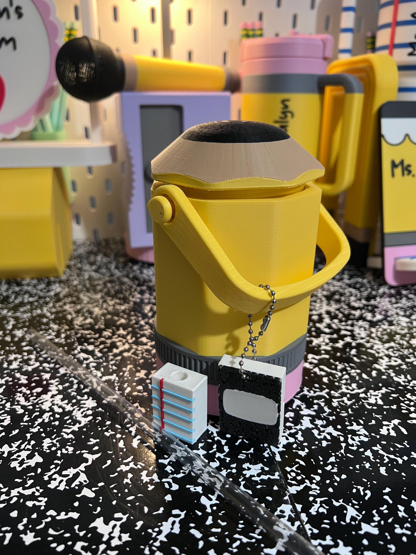 Pencil Can Holder with Handle, 12 oz Can Cooler, Slim Can Holder, Teacher Gift, School Supply Keychain Can Opener, Straw Topper Set