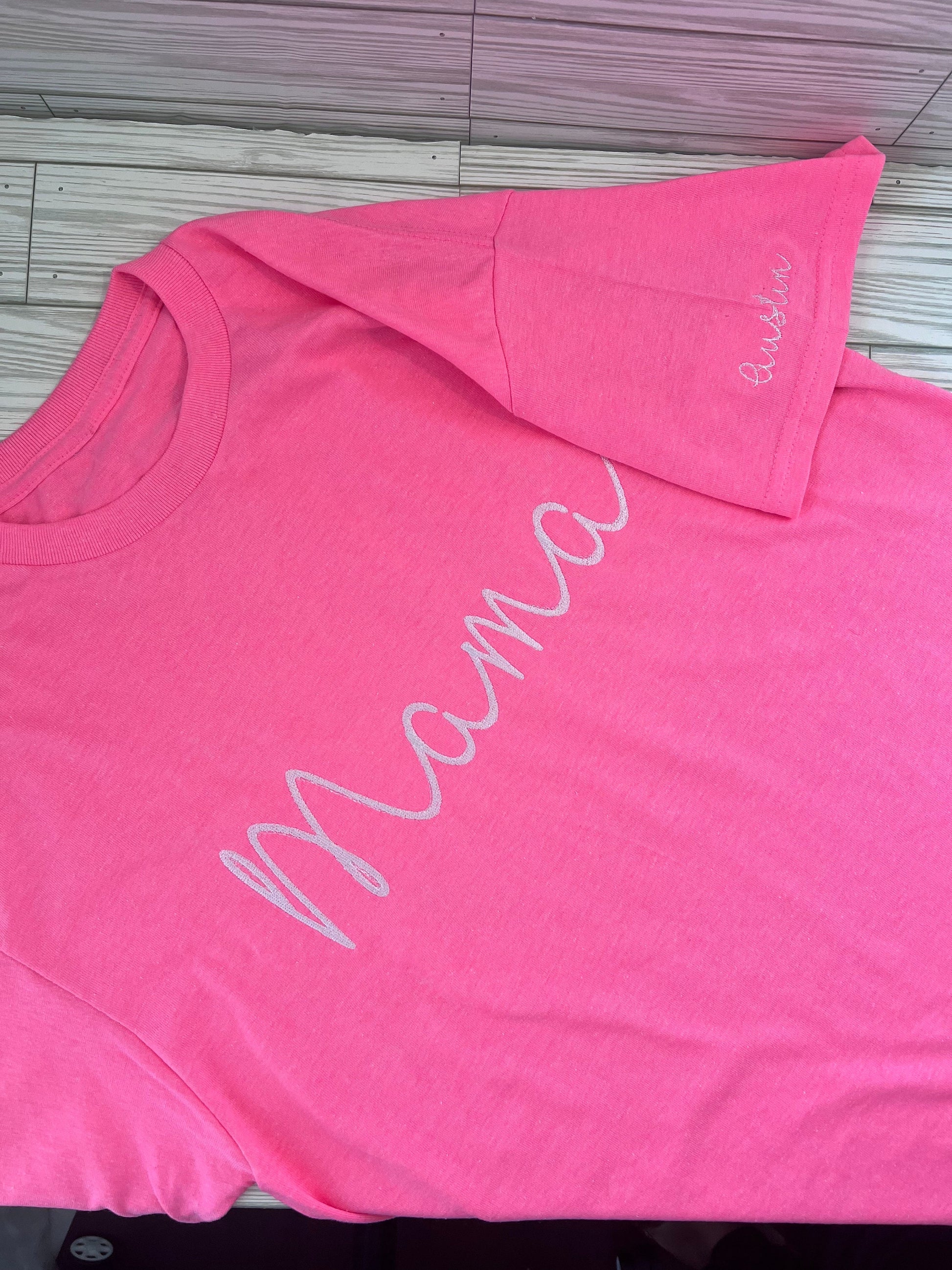 Mama Script Personalized Embroidered w/ Kids Name t-shirt - Mom and Mama Appreciation -Custom Embroidery for Mom shirt by Lina Loves Two, handmade in Los Angeles CA