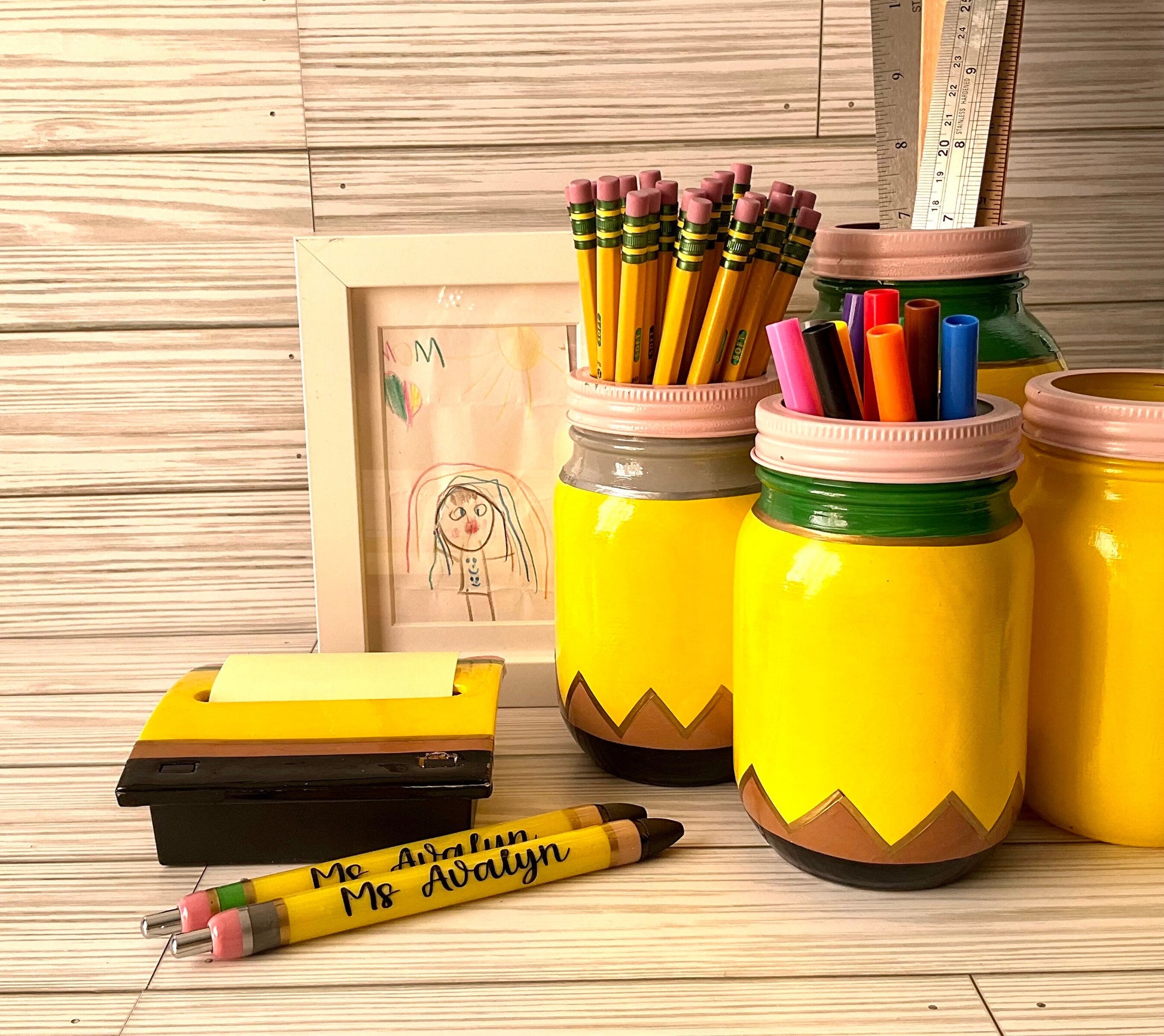 Chic 5” Glass Jar Pencil Holder - Ideal Teacher Gifts, Stylish Teacher Pen Organizer, Yellow Pencil Storage by Lina Loves Two, handmade in Los Angeles CA