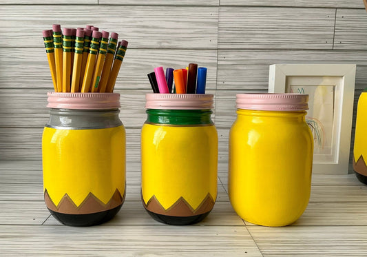 Chic 5” Glass Jar Pencil Holder - Ideal Teacher Gifts, Stylish Teacher Pen Organizer, Yellow Pencil Storage by Lina Loves Two, handmade in Los Angeles CA