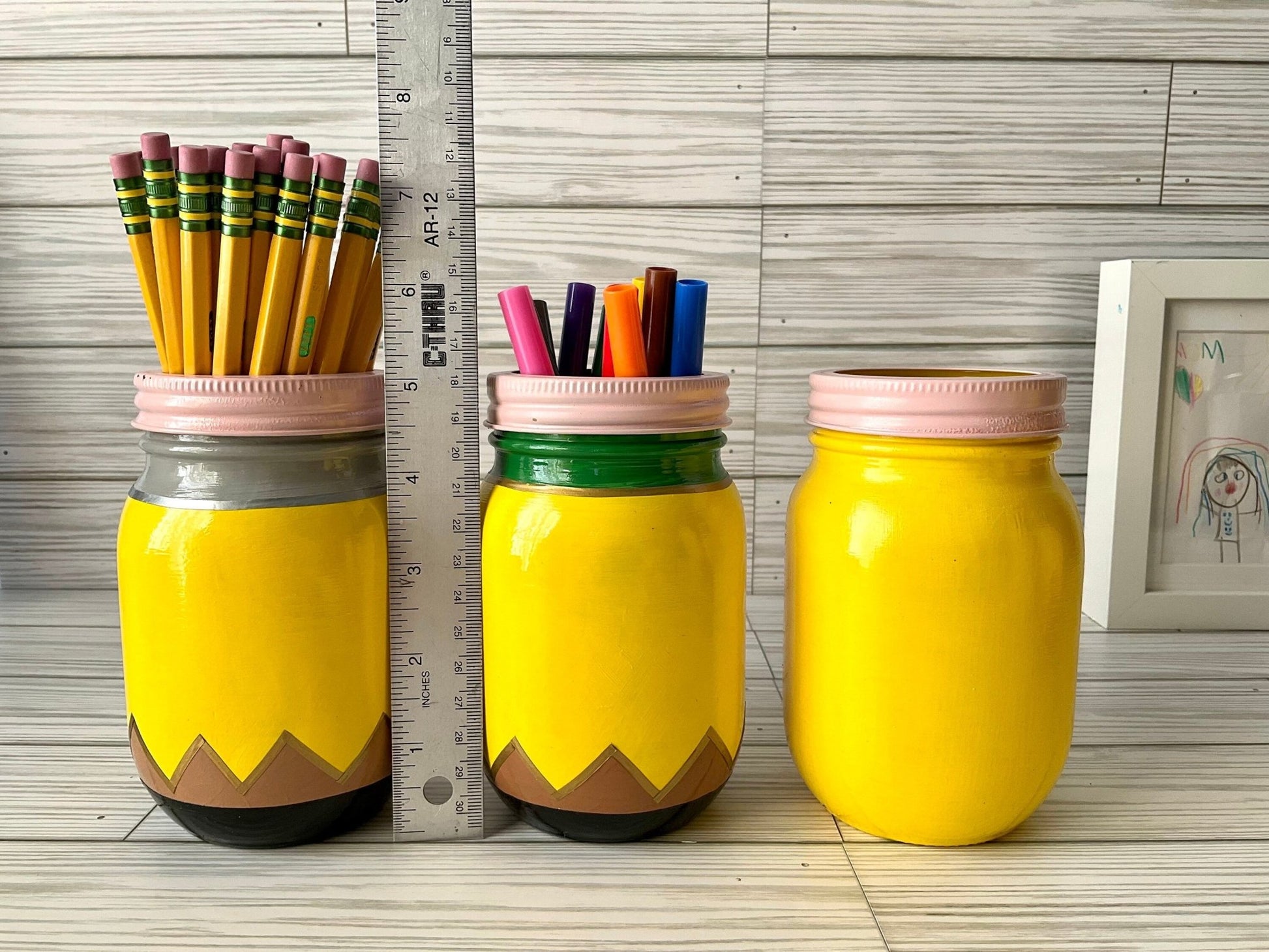 Chic 5” Glass Jar Pencil Holder - Ideal Teacher Gifts, Stylish Teacher Pen Organizer, Yellow Pencil Storage by Lina Loves Two, handmade in Los Angeles CA