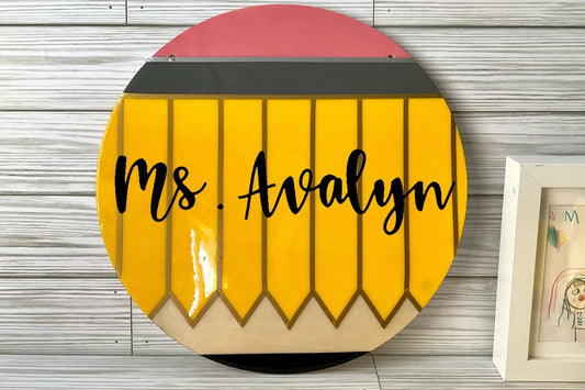 Round Pencil Door Sign | Personalized Teacher Gifts | Teacher Name Sign | Unique Classroom Decor by Lina Loves Two, handmade in Los Angeles CA