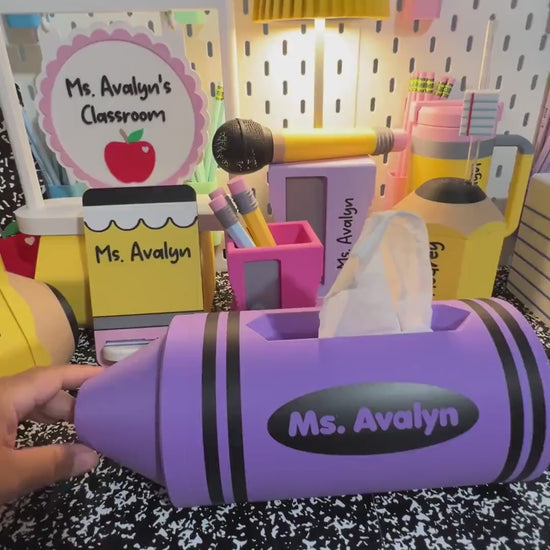 Personalized Crayon Tissue Holder, 3D Printed Teacher Desk Decor, Classroom Tissue Holder, School Office Accessory, Teacher Gift