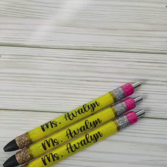 Personalized Teacher Glitter Pens - Pencil Design, Set of 3