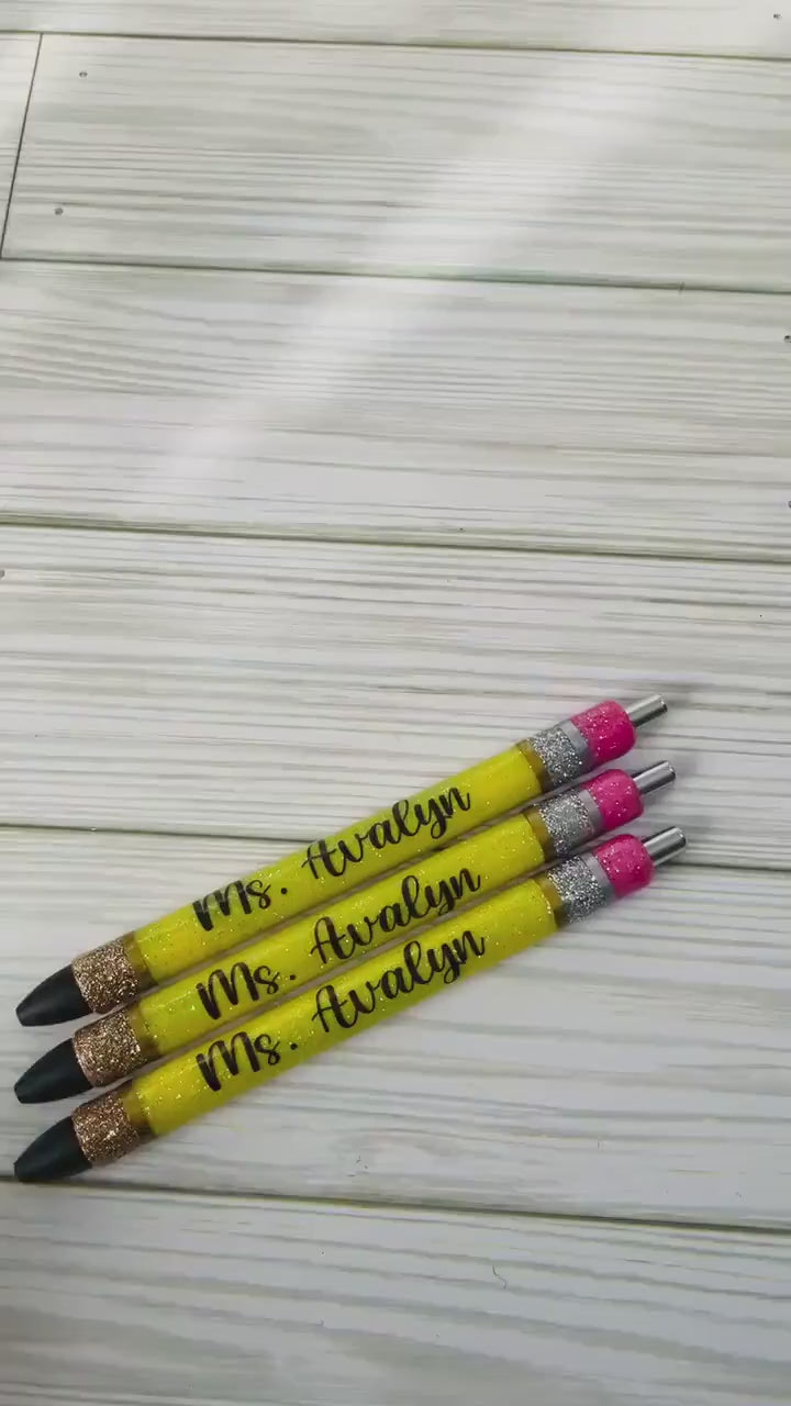 Personalized Teacher Glitter Pens - Pencil Design, Set of 3