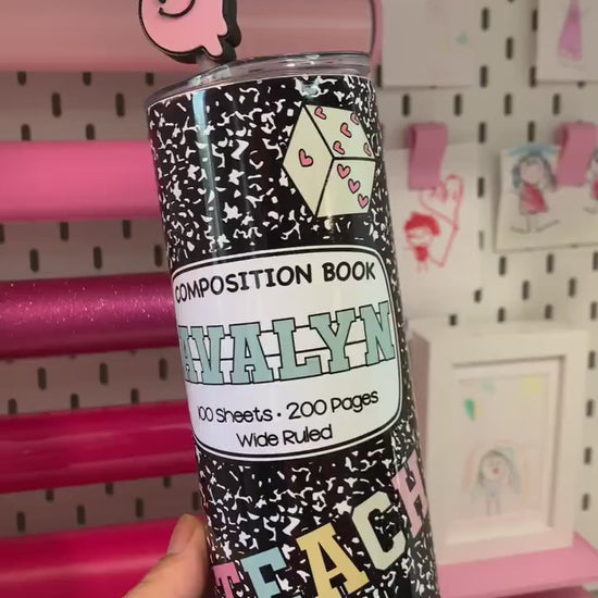Personalized Teacher Tumbler: Glitter Stainless Steel Composition Notebook Design