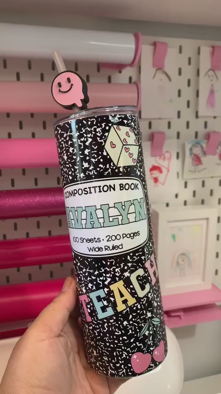 20oz Stainless Steel Composition Doodle Custom Tumbler with Straw Topper – Personalized Teacher Gift