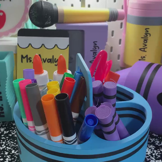 Crayon Inspired Caddy with Handle | Personalized 3D Printed Organizer | Custom Name Teacher Storage Caddy