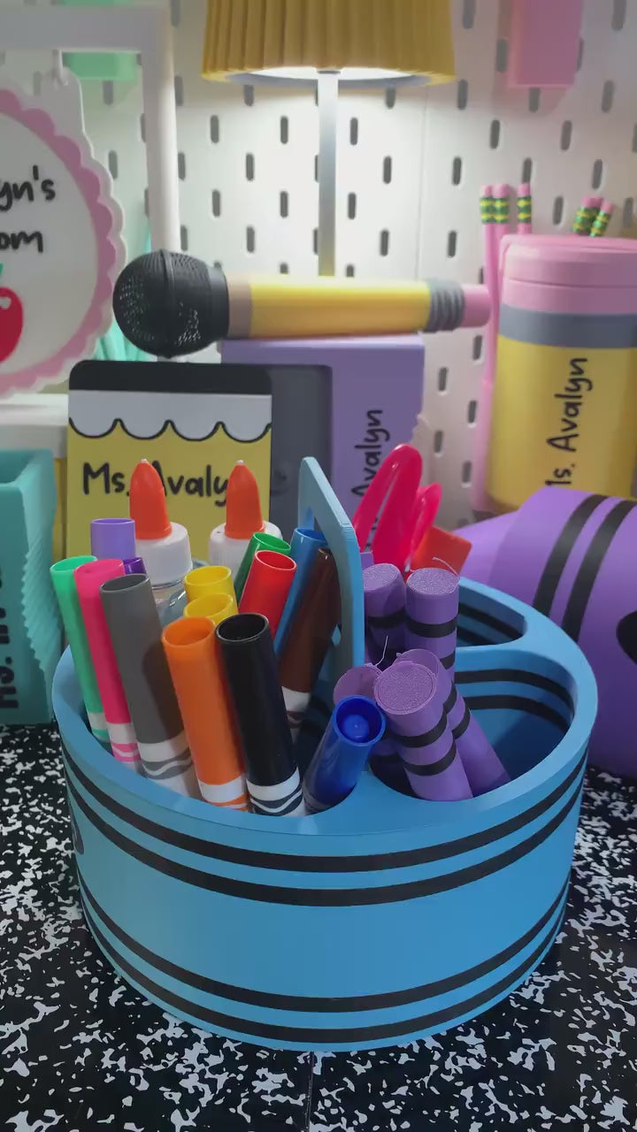 Crayon Inspired Caddy with Handle | Personalized 3D Printed Organizer | Custom Name Teacher Storage Caddy