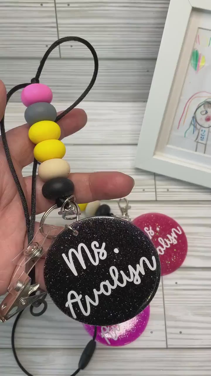Personalized Teacher Lanyard: Silicone Beads, Glitter Charm