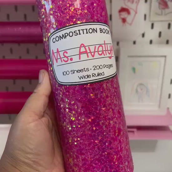 20oz Stainless Steel Glitter Pink Composition Notebook Custom Tumbler – Personalized Teacher or Student Gift