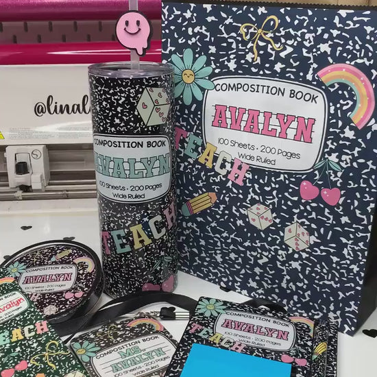 Personalized Teacher Gift Set – Doodle Tumbler, Notepad, Badge, Bookmark