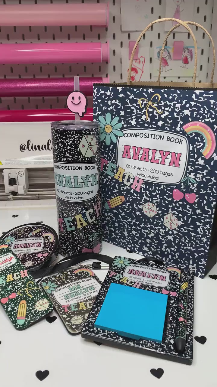Personalized Teacher Gift Set – Doodle Tumbler, Notepad, Badge, Bookmark